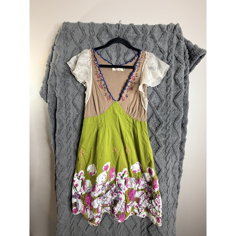 Vintage Aryeh Babydoll Fairycore Dress Sz M Green Tan Embroidered Flutter Sleeve